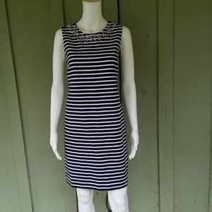 New J. CREW Navy Blue Striped Embellished Dress 4